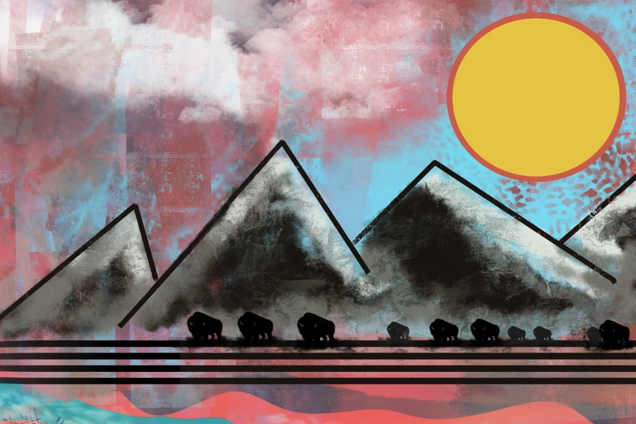 Buffalo Road by Tom Myer, Native artist — a painting of buffalo silhouettes walking below mountains under a large yellow sun, representing Niwot, Arapaho, and Cheyenne relationships and historical storytelling.
